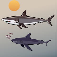 Naklejka premium pilot fish escorting shark silhouette with gray body, black stripes, and pale blue dorsal fin, sleek marine vector illustration for ocean wildlife designs