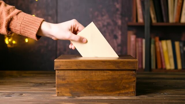 Hand placing envelope into wooden box indoors suggestive of voting and election