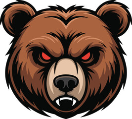 Fierce bear head illustration, red eyes, sharp fangs, aggressive expression, brown fur, black outline, vector art, wild animal, mascot, predator design