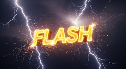 The word flash in bright yellow with lightning strikes and sparks on a dark cloudy background image