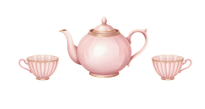 Watercolor illustration of vintage teapot and cups in soft pastel pink color isolated on white background. Classic vintage ceramic teapot and cup collection.