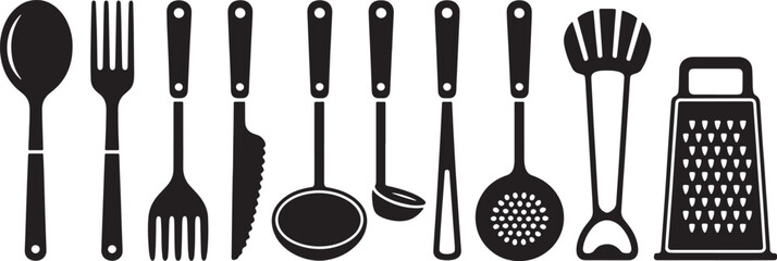Kitchen Utensils Vector Illustration Set Black Silhouette Cooking Tools on Transparent