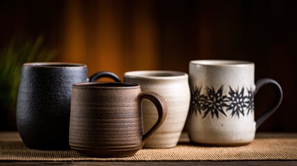 Four unique ceramic mugs arranged on a wooden surface, with a warm, blurred background enhancing their colors