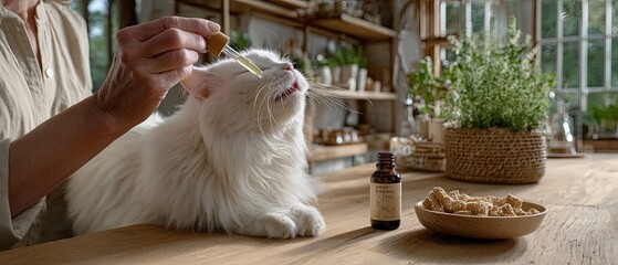 Hand holds an eyedropper as medicine drips into the mouth of a white Persian cat, captured with clean focus and soft lighting