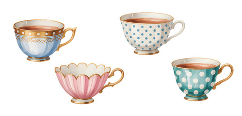 Hand painted vintage teacup collection. Classic ceramic teacups in vector on white background.