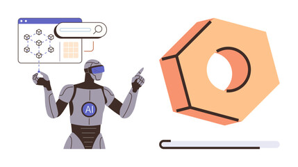AI robot analyzing interactive data interface with patterns and search icons, standing next to a 3D hexagonal shape and progress bar. Ideal for AI, robotics, technology, innovation, automation, data