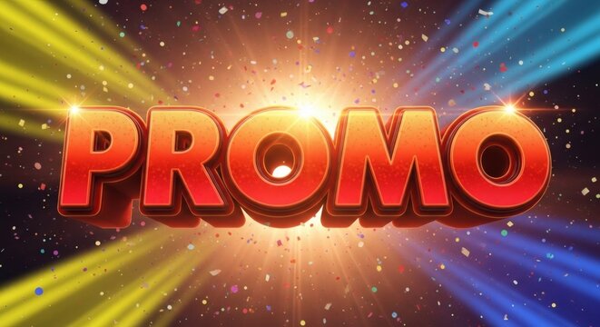 A vibrant promo text with confetti and light rays creating a celebratory atmosphere for advertising