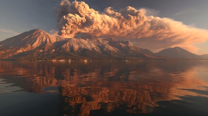 Volcanic eruption reflected in calm lake water at sunset.