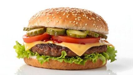 Classic Cheeseburger with Fresh Toppings on a White Background, Isolated Hamburger with Melted Cheese, Tomato, and Pickles, Simple and Clean A Traditional Cheeseburger for Advertising
