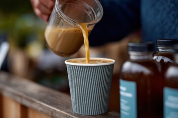 artisan coffee scene, barista pours oat milk into coffee at a trendy pop-up caf, while nearby cold brew bottles glisten in a stylish setting