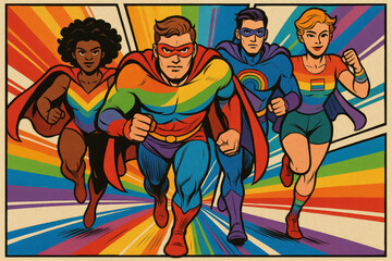 Dynamic pop art depiction of LGBTQ+ superheroes in bold rainbow-themed suits, representing strength, equality, and solidarity