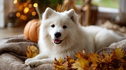 Fototapeta premium A cute Samoyed dog smiles while sitting in a pumpkin surrounded by colorful lights and autumn leaves, capturing festive joy