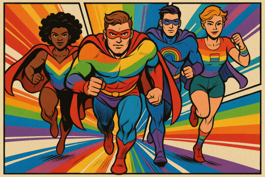 Dynamic pop art depiction of LGBTQ+ superheroes in bold rainbow-themed suits, representing strength, equality, and solidarity