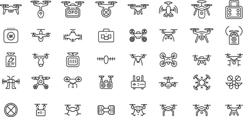 Drone line icon set, safe, monitoring, connectivity, multi, navigation, science connectivity software, system and more victor illastretion.