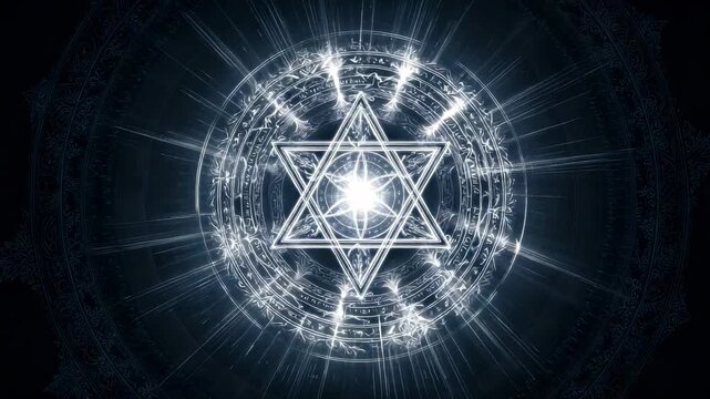  Luminous glowing hexagram magic circle with intricate patterns radiating light in deep cosmic background