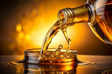 A bottle of liquor is poured into a glass, creating a splash