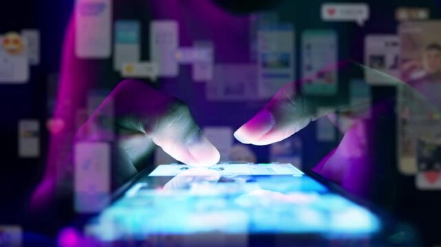 Animated Infinite Zoom Out Virtual Background with Social Networks Connected Together Online. Internet of Things Concept with Videos, Avatars, Media Profiles Flowing in Technology Cyberspace - Powered by Adobe