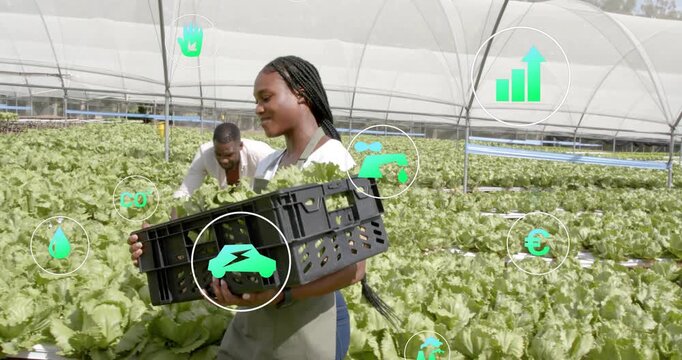 Farm laborer lifting crate in greenhouse initiating icons tracking water carbon data