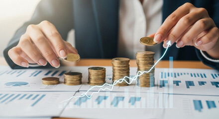 Person stacking coins on financial charts with an upward trending arrow overlaying the stacks