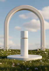 Fototapeta premium Elegant white cosmetic bottle on a circular pedestal, surrounded by lush green grass and delicate wildflowers under a serene blue sky. Concept of natural beauty product.
