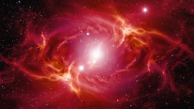 Shimmering pink spiral galaxy glowing brightly among distant stars in outer space.