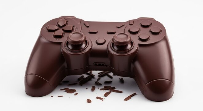 Candy video game controller made out of chocolate on a solid white background