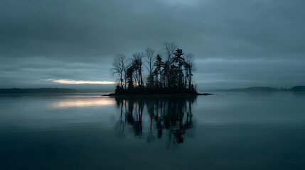 Fototapeta premium Moody island forest reflected on calm water under overcast sky trees lake