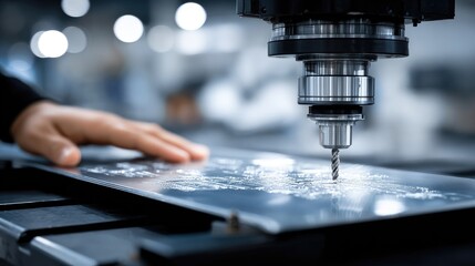 Industrial drill operates swiftly to create holes in metal plates, showcasing precision in a bustling factory filled with machinery