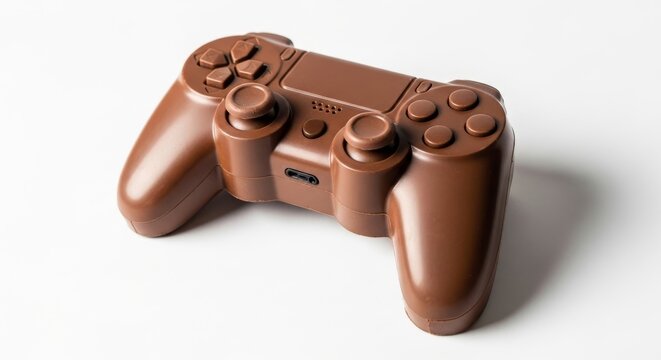 Candy video game controller made out of chocolate on a solid white background