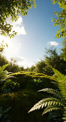 Serene forest floor with vibrant green moss and ferns under a sun-drenched canopy
