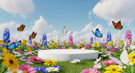 Empty white podium on a vibrant spring meadow with colorful flowers and butterflies for product display