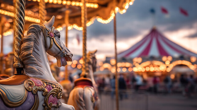 Ornate carousel horse with detailed mane and decorative saddle against a blurred carnival backdrop