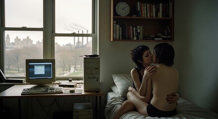 Two young women embracing in a room with vintage computer and urban view from window, creating a moment of intimacy amidst retro technology and city skyline .