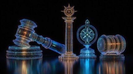 Digital Justice: Gavel, pillar, compass, and law books in a futuristic wireframe style