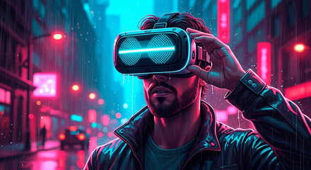 Man with vr headset in rainy city street with neon lights exploring virtual reality experience