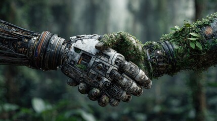 Symbiosis: A Mechanical Hand and Nature's Embrace