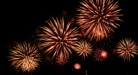 Fototapeta premium Large and Small Golden-Orange Fireworks Exploding in a Night Sky