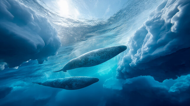 Underwater wide-angle view of two narwhals swimming beneath Arctic sea ice, natural light and deep blue tones