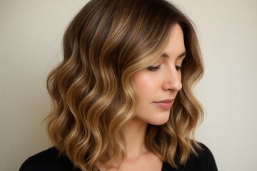 Beautiful woman showing trendy wavy hairstyle with blonde highlights