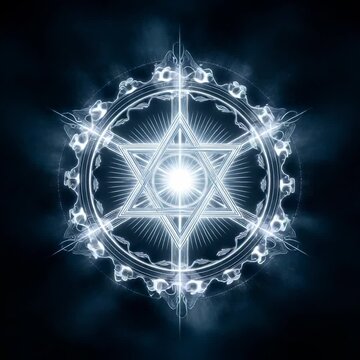 Radiant glowing hexagram symbol with intricate circular frame emitting mystical energy in cosmic background