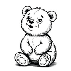 Obraz premium Black and white vector cartoon of a cute baby bear sitting upright looking upwards with sweet expression