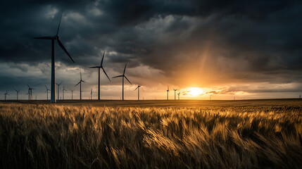 Wind turbines generating power in golden wheat field at sunset golden hour dramatic clouds