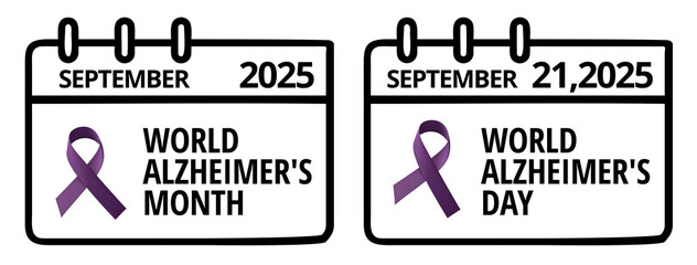 Calendar date reminder with purple ribbon and text for World Alzheimer’s Day and Month campagns, sticker pack, isolated on transparent background