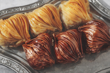 Baklava shell mix. Assortment of baklava close-up. Oriental sweets