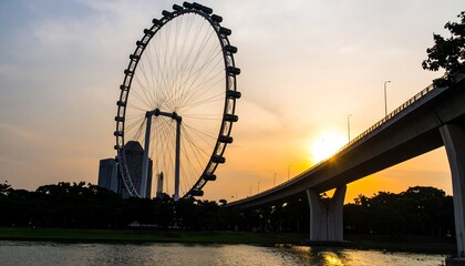 Obraz premium Sunset view of giant Ferris wheel, city skyline, bridge