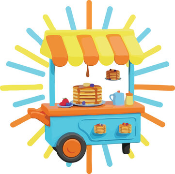 Vibrant 3D illustration of a street food cart selling stacks of delicious pancakes with syrup and fresh berries for breakfast