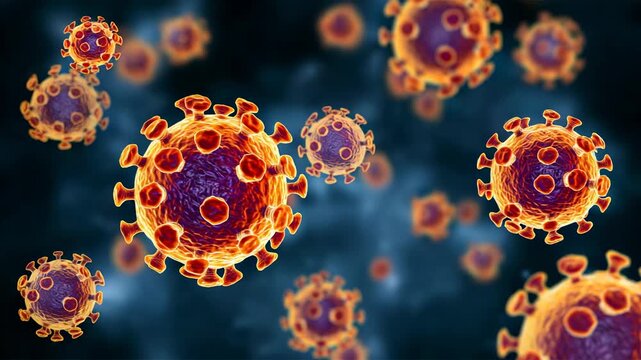 Microscopic 3d illustration of coronavirus particles with spike proteins on dark blurred background - Powered by Adobe