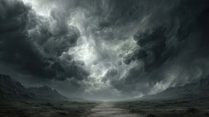 Ominous Heavy Sky Over Desolate Lands Surrounded by Dark Clouds and Dramatic Landscape Features