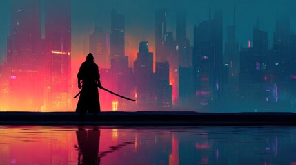 Cyberpunk Samurai: A futuristic warrior stands on a rooftop overlooking a neon-drenched cityscape, his reflection mirrored in the still water below.
