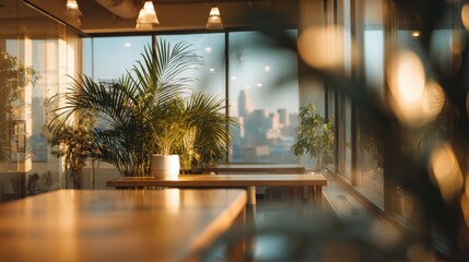 Golden Hour Office Oasis: City Skyline View Through Indoor Plants
